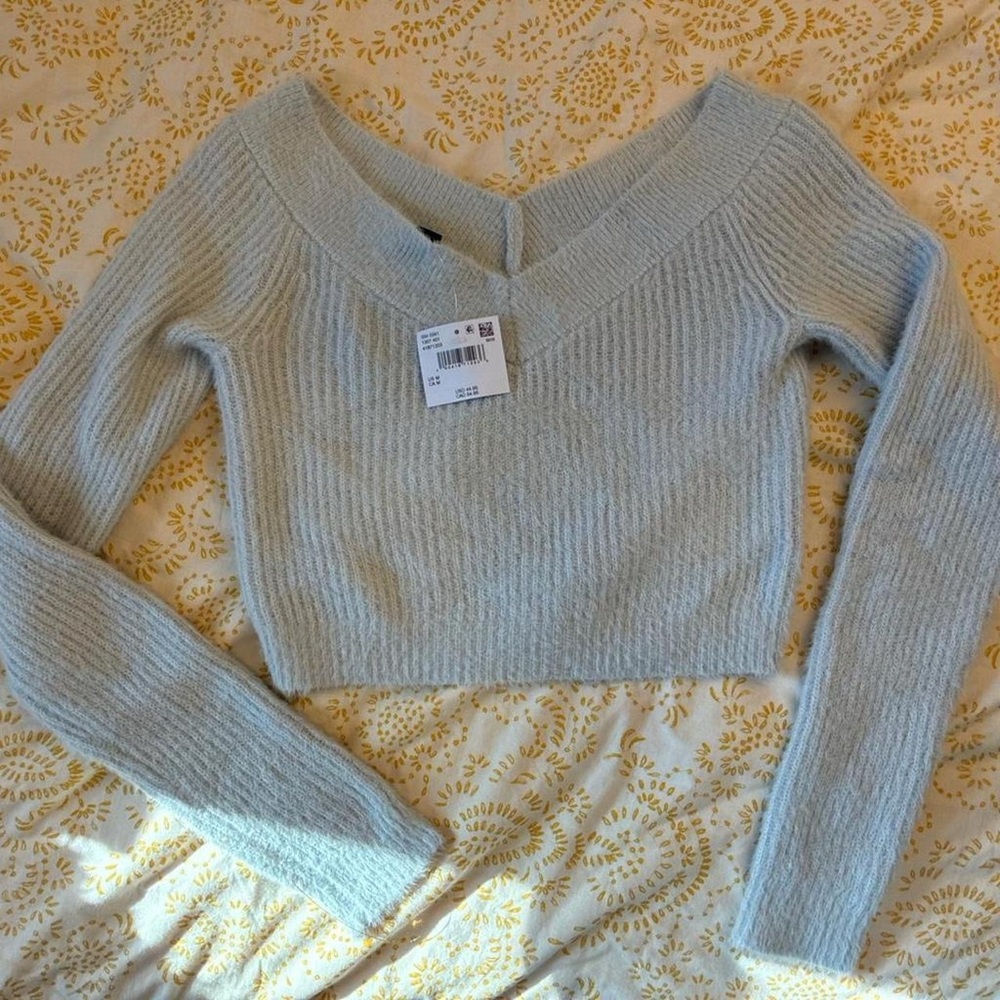 NWT American Eagle blue off the shoulder fuzzy knit sweater